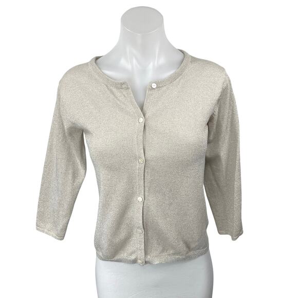 Nice Thing Mini Beige Metallic 3/4 Sleeve Button Crop Cardigan Sweater Top Sz 14 - Picture 1 of 5